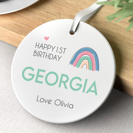 Personalised Happy 1st Birthday Ceramic Keepsake - A Lovely Rainbow Themed Present For A Special Birthday