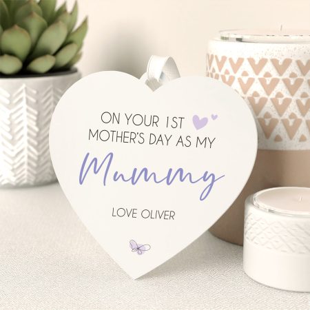 Beautiful Personalised White Acrylic Heart with Printed Finish for Mother's Day - Lovely Pastel Purple Keepsake for Mummy