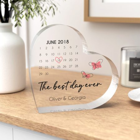 Heart-Shaped Personalised Clear Block for Valentines Day - Printed Acrylic with Calendar and Butterfly Design