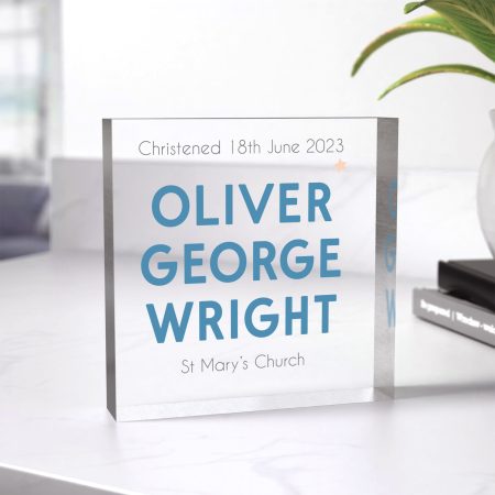 Personalised Christening Girls Boys Keepsake Ornament - Printed Clear Acrylic Decoration with Custom Name and Date