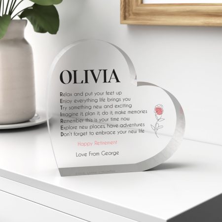 Personalised Clear Heart Block for Retirement - 'RETIRED' Poem Heart-Shaped Printed Gift