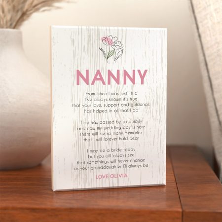 Floral Design Printed Maple Wood Wedding Day Gift - Personalised Nanny Wedding Verse Present