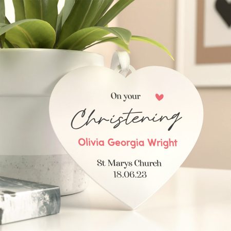 Elegant Christening White Acrylic Heart Decoration - Personalised Printed Hanging White Heart Gift