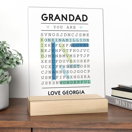 Printed Personalised Fathers Day Acrylic Sign on Wooden Stand - Heartfelt Wordsearch Design Gift for Grandad