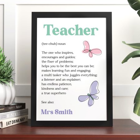 Teacher Definition Print - Pastel Butterfly Design Personalised Print and Frame Thank You Gift