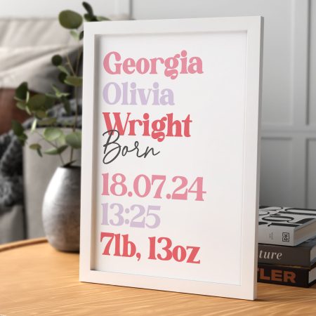 Colourful Pink and Purple New Baby Printed Frame - Personalised Name, Date, Time and Weight New Baby Present