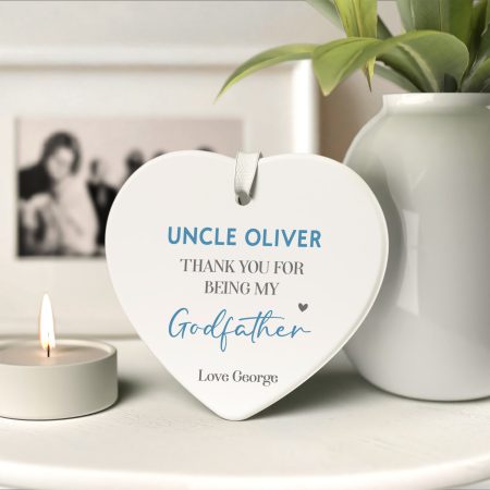 Personalised Ceramic Heart Shape Decoration for Christening - Special 'Thank You' Gift for Godfather