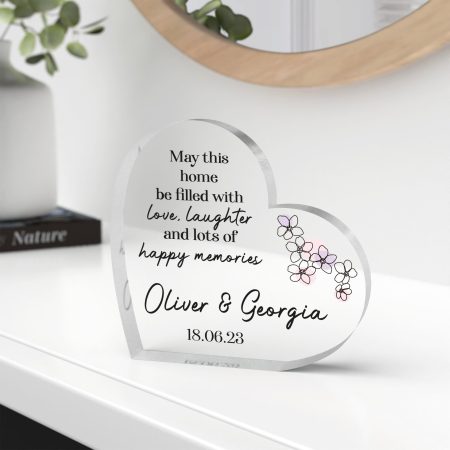 Personalised New Home Blessings Ornament - Beautiful Floral Design Printed Clear Heart Acrylic Decoration
