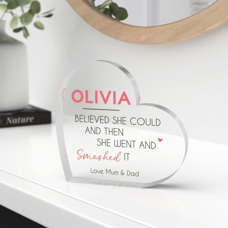 'She Believed She Could' - Personalised Printed Clear Heart Shape Congratulations Gift