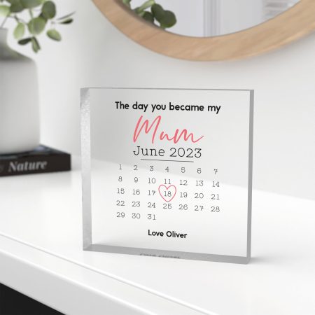 Personalised Mothers Day Clear Acrylic Block - Printed Calendar Design with Special Date