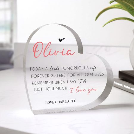 Personalised Sister of the Bride Clear Heart Keepsake - Printed Acrylic Heart Ornament
