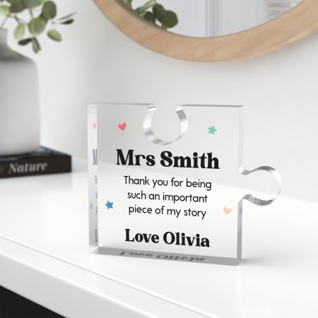 Personalised Teacher Appreciation Present - 'Thank You for Being Such an Important Piece of My Story' - Printed Clear Puzzle Shape Ornament