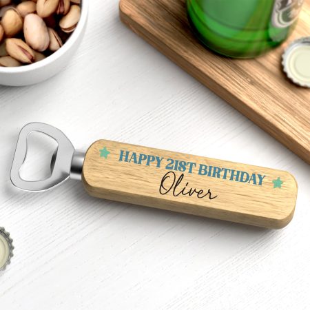 Personalised Wooden Bottle Opener for 21st Birthday – Blue and Green Printed Design