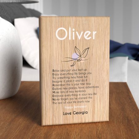 Personalised Oak Block for Retirement – Decorative Floral Printed Keepsake Gift