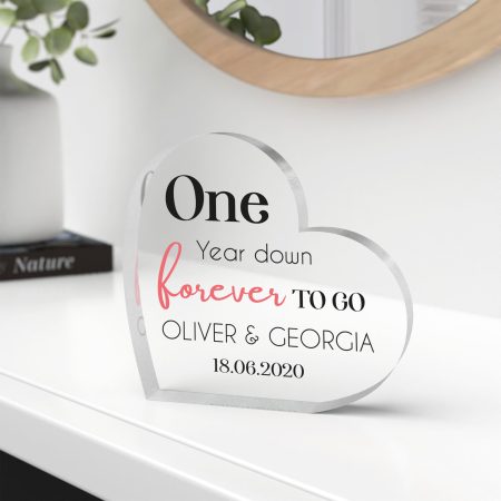 Personalised 'One Year Down Forever To Go' Printed Clear Heart Acrylic First Anniversary Gift