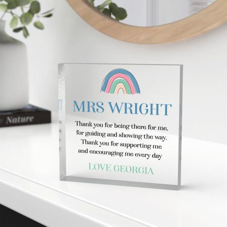 Loving Teacher Thank You Present - Acrylic Clear Block Gift for Teacher - Personalised Colourful Rainbow Design