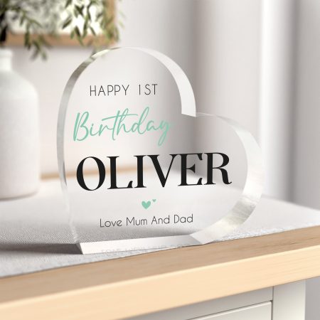 Personalised 1st Birthday Clear Heart Shaped Acrylic Block Gift - Teal and Black Stunning Design