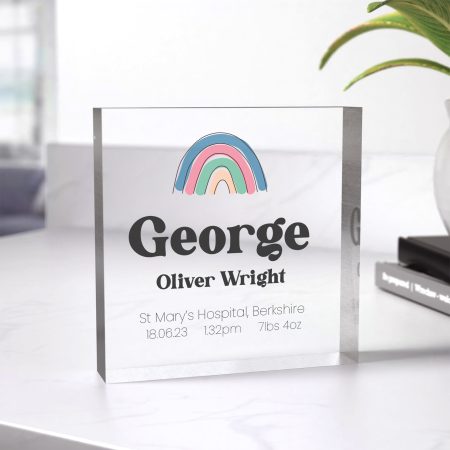 Elegant Watercolour Rainbow Design Clear Acrylic New Baby Keepsake - Personalised Printed Ornament