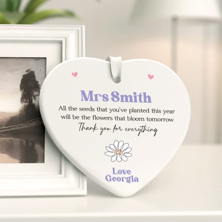 Purple and Pink Chic Design Teacher Thank You Gift - Printed Personalised Ceramic Heart Decoration