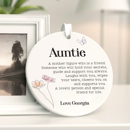 Personalised Auntie Ceramic Circle Decoration - Elegant Butterfly and Floral Design