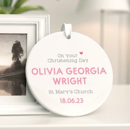 Personalised Christening Girl or Boy Ceramic Ornament - Printed Modern Hanging Decoration