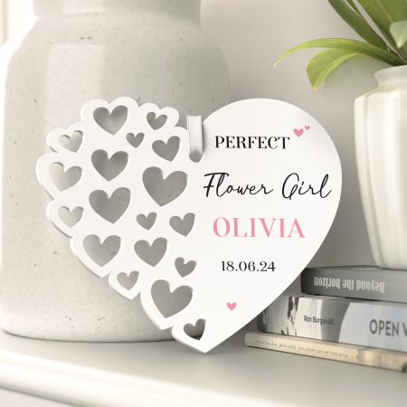 'Perfect Flower Girl' - Printed Wedding Thank You Gift - Personalised Cut Heart White Acrylic Hanging Decoration
