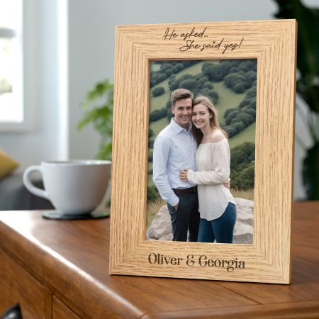 'He Asked, She Said Yes' Personalised Engraved Photo Frame - Wooden Picture Frame Gift