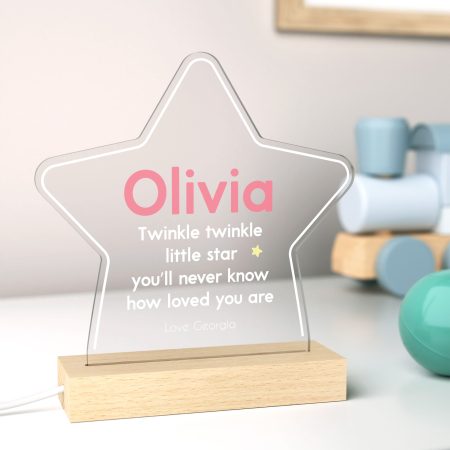 'You'll Never Know How Loved You Are' - Star Shaped Printed Acrylic LED Night Light - Personalised Heartfelt Poem for New Baby