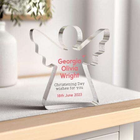 'Christening Day Wishes for You' - Clear Acrylic Angel Shaped Decoration - Personalised Name and Date