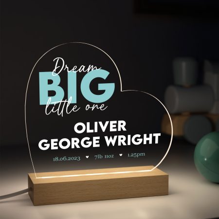 Personalised New Baby Night Light LED Lamp - Printed 'Dream Big Little One' Heart Shape Nursery Light