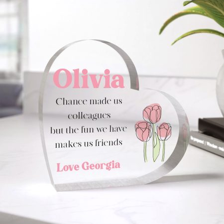 Floral Work Colleague Poem Gift - Heart Shaped Clear Block Personalised Present