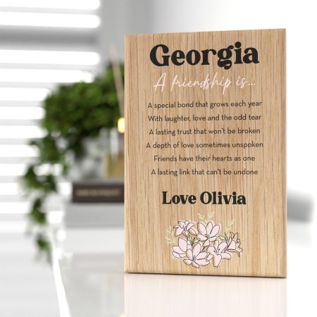 Personalised Friendship Oak Wooden Block Gift - Heartfelt Floral Best Friend Present