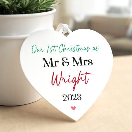 Personalised First Christmas Married Tree Hanging Decoration - Printed White Heart Tree Decoration