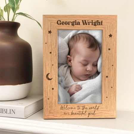 Personalised New Baby 'Welcome To The World Our Beautiful Girl or Boy' Ornament - Engraved Wooden Frame with Moon and Star Design
