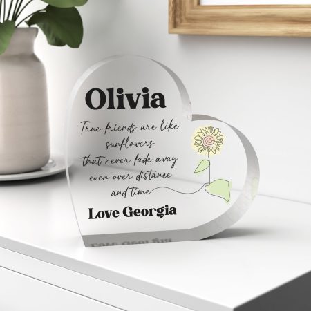 Personalised Clear Heart Block Gift - 'True Friends Are Like Sunflowers' Heartfelt Message Present