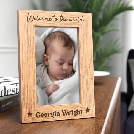'Welcome to the World' - Personalised Engraved Wooden Frame New Baby Name Keepsake