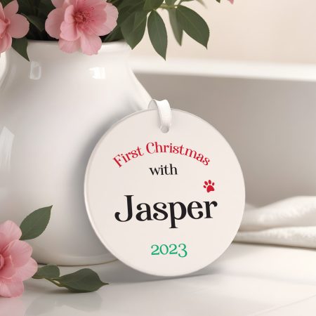 Personalised Dog Cat Pet Lover First Christmas Tree Decoration - Printed Ceramic Circle Ornament
