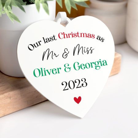 Last Christmas as Mr & Miss - Personalised White Heart Decoration - Colourful Xmas Themed Printed Ornament