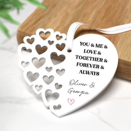 'Love, Together, Forever, Always' Printed White Heart Decoration - Personalised Anniversary Hanging Ornament