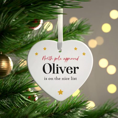 Personalised Christmas Nice List Decoration for Children - 'North Pole Approved' Ceramic Heart Decoration