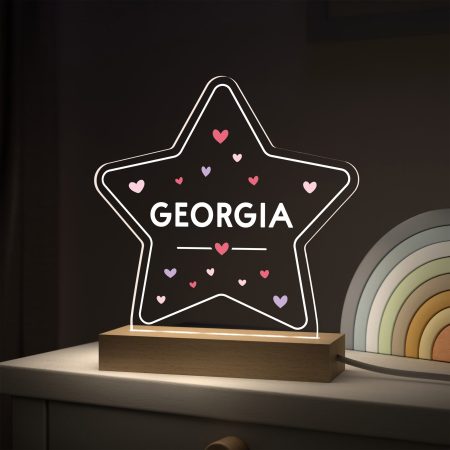 Star Shaped LED Personalised Children's Name Present - Luxury Birthday Present With Pink and Purple Hearts