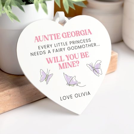 Personalised Christening Will You Be My Godmother White Heart Decoration - Pink and Purple Butterfly Themed Printed Decoration