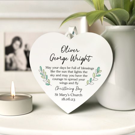 Loving Christening Verse - Printed White Acrylic Heart Decoration - Personalised Gift with Name Date and Christening Location
