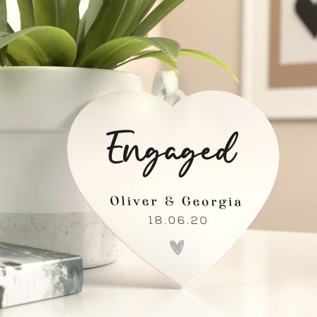 Personalised Engaged White Heart Decoration - Sleek Modern Design Hanging Gift