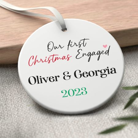 Personalised Our First Christmas Engaged Ceramic Circle Decoration