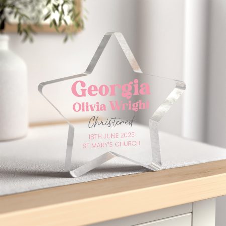 Clear Acrylic Star Decoration - Printed Personalised Christening Gift for Boy or Girl