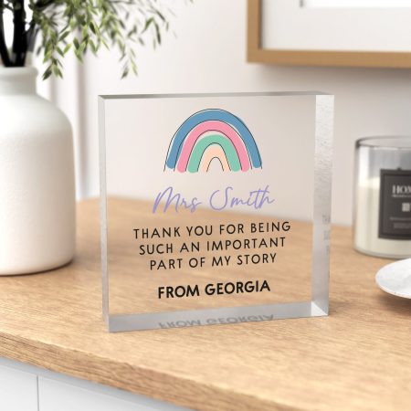 Thank You Teacher Rainbow Themed Gift - Printed Personalised Acrylic Block Decoration