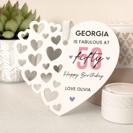 Fabulous at Fifty - Personalised Birthday Printed Cut Heart Hanging Gift