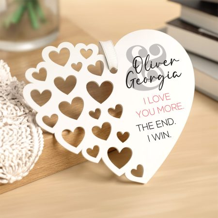 'I Love You More' - Printed Personalised White Acrylic Heart Anniversary Gift