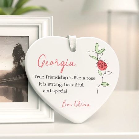 Personalised Rose Themed Ceramic Heart Decoration - Beautiful Printed Hanging Ornament